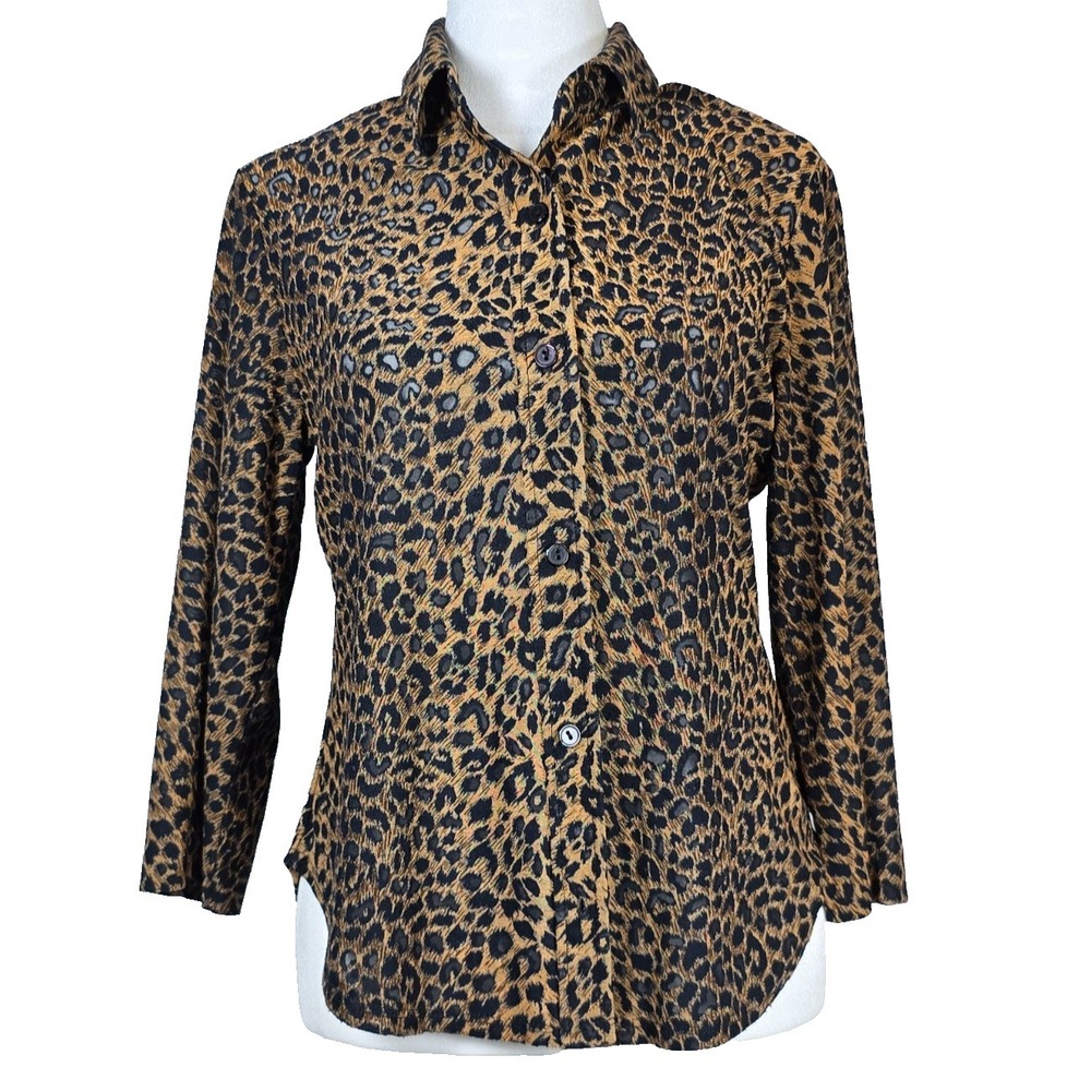 Vintage LA Movers Women's Leopard Burnout Blouse S Semi Sheer Button Front Top